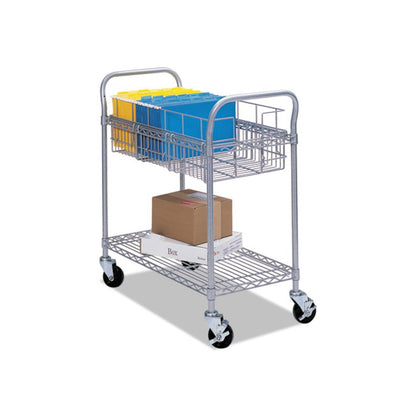 Dual-Purpose Wire Mail and Filing Cart, Metal, 1 Shelf, 1 Bin, 26.75" x 18.75" x 38.5", Metallic Gray