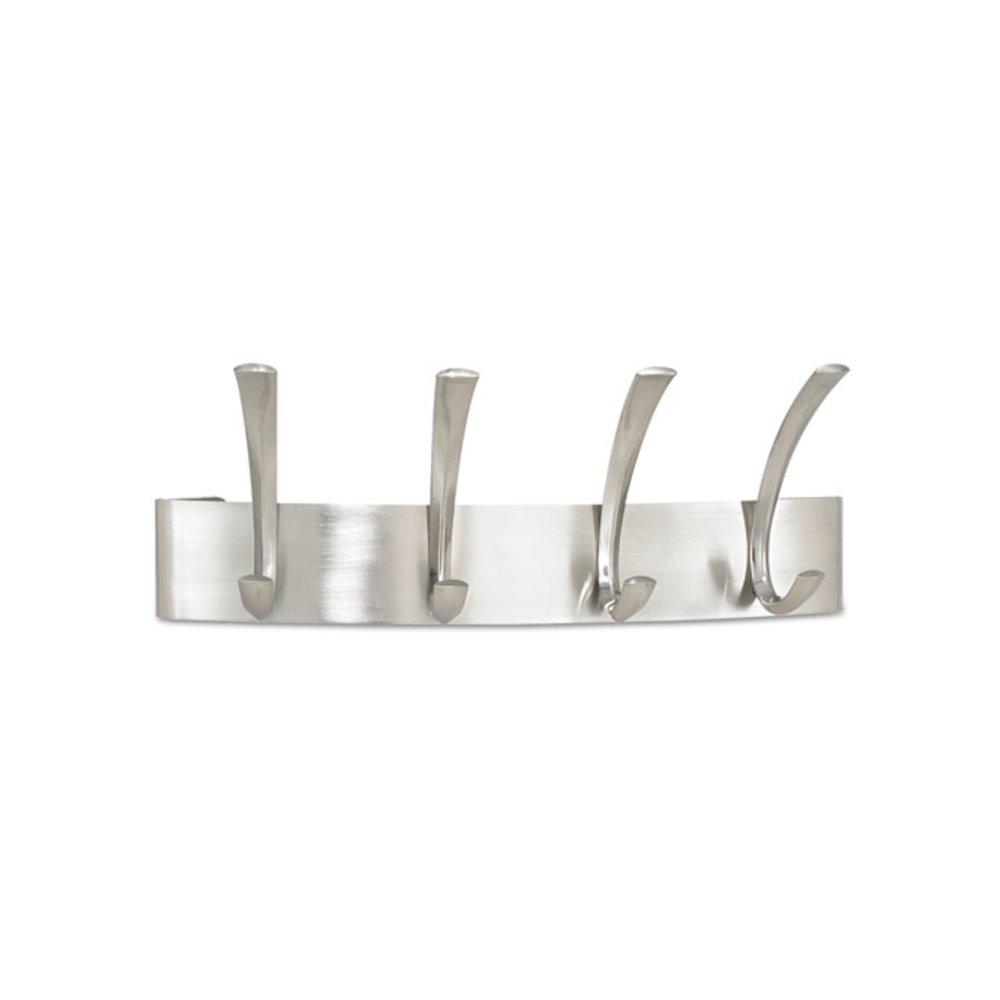 Metal Coat Rack, Wall Rack, Four Hooks, Steel, 14.25w x 4.5d x 5.25h, Brushed Nickel