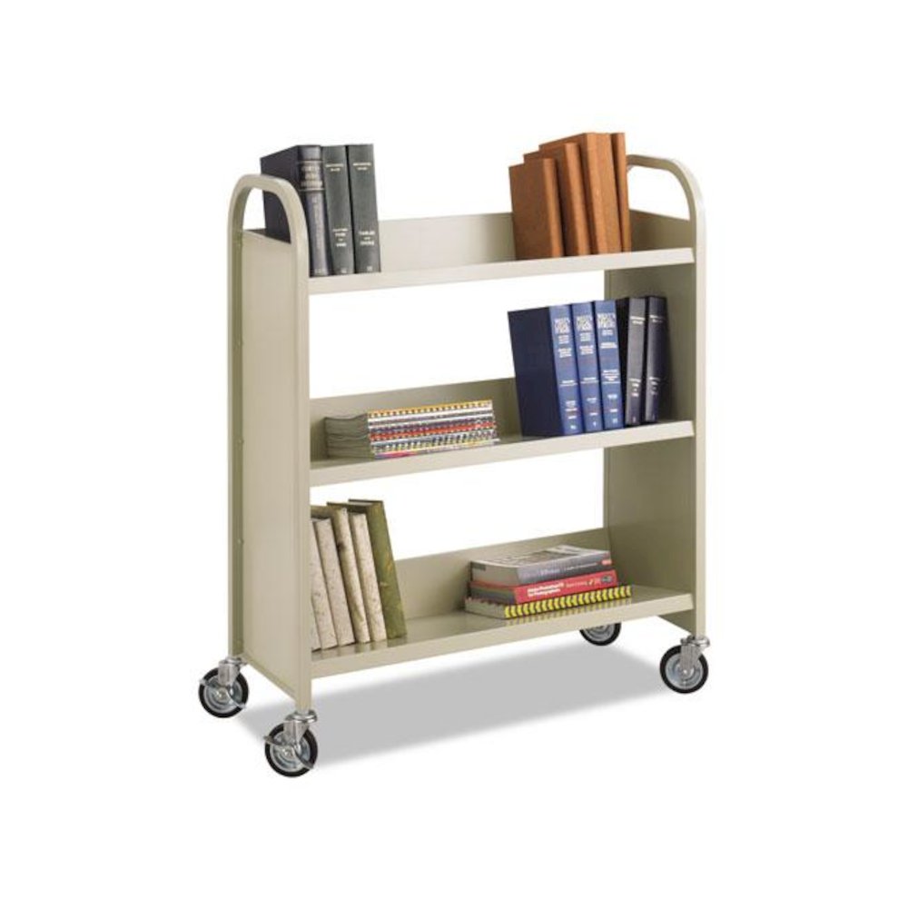 Steel Single-Sided Book Cart, Metal, 3 Shelves, 300 lb Capacity, 36" x 14.5" x 43.5", Sand