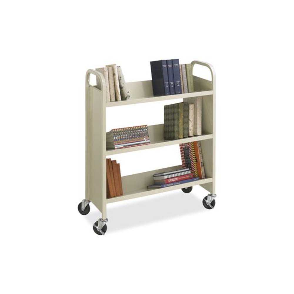 Steel Single-Sided Book Cart, Metal, 3 Shelves, 300 lb Capacity, 36" x 14.5" x 43.5", Sand