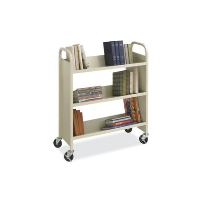 Steel Single-Sided Book Cart, Metal, 3 Shelves, 300 lb Capacity, 36" x 14.5" x 43.5", Sand