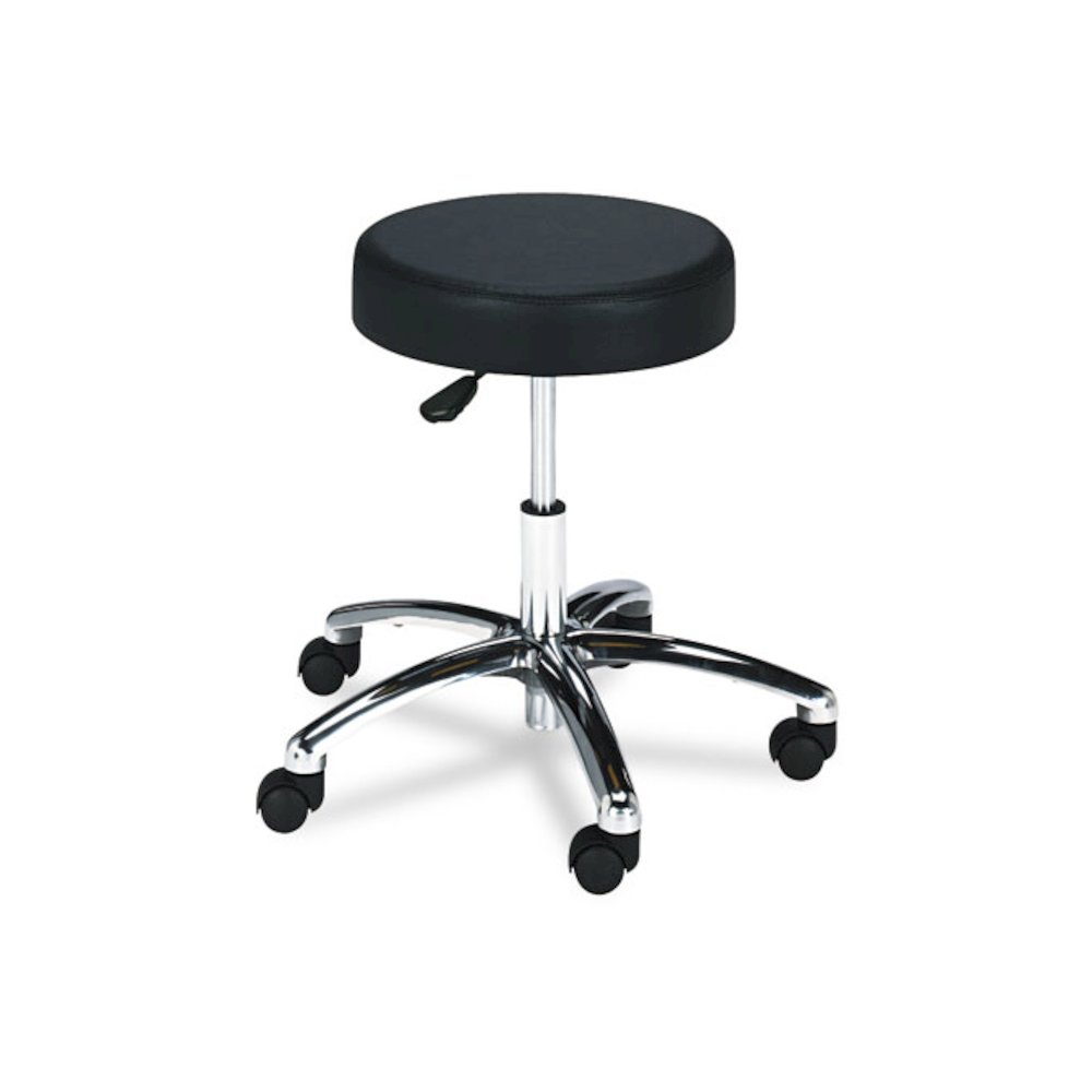 Pneumatic Lab Stool, Backless, Supports Up to 250 lb, 17" to 22" Seat Height, Black Seat, Chrome Base