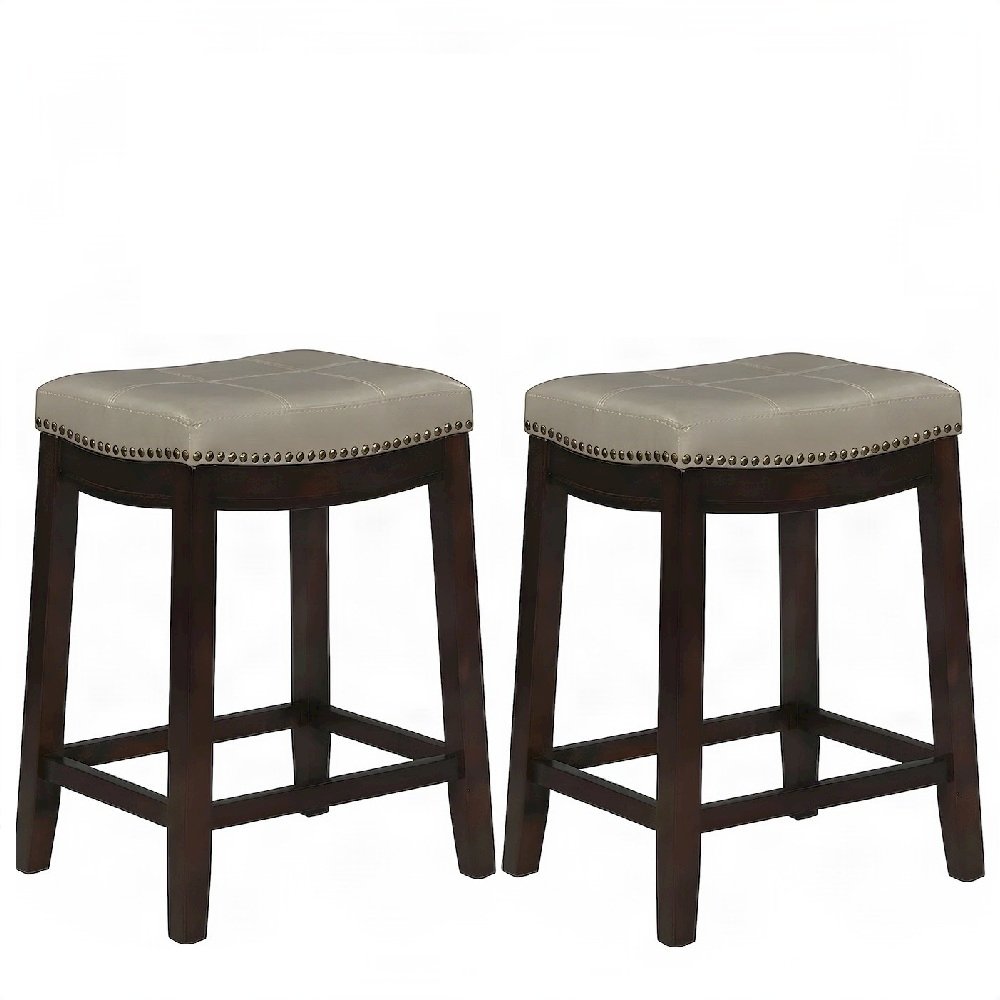 Rubberwood Counter Stools with Upholstered Seat, Set of 2 Barstools, Brown