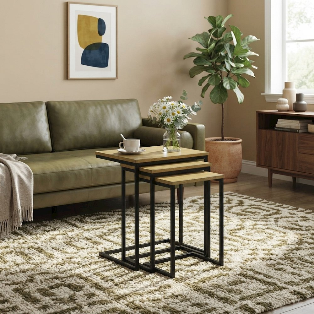 FurniFact Nesting Tables with Mango Wood Tops, Harvest Oak, Aged Iron