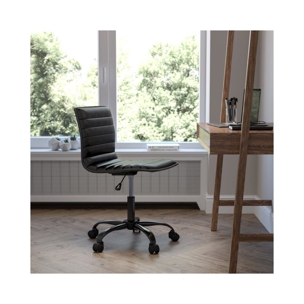 Low Back Designer Armless Black Ribbed Swivel Task Office Chair with Black Frame and Base