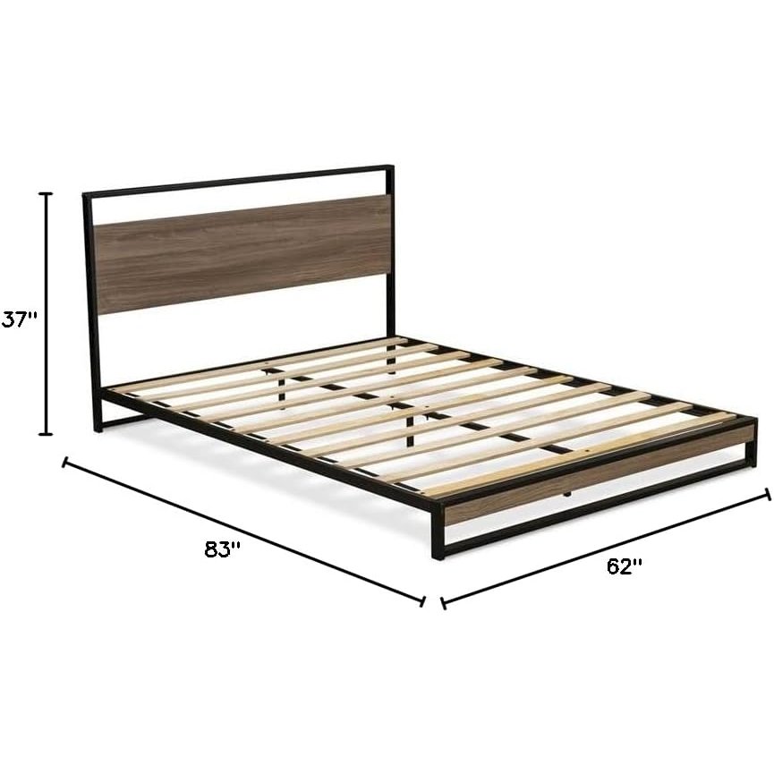 Wilson Queen Frame with 3 Supporting Legs - High-class Bed Frame in Powder Coating Black Color and Weathered Wood Laminate