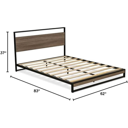 Wilson Queen Frame with 3 Supporting Legs - High-class Bed Frame in Powder Coating Black Color and Weathered Wood Laminate