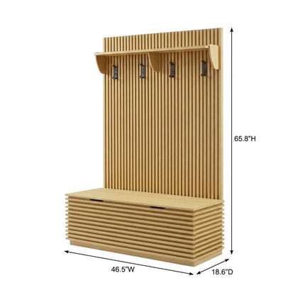 Fluted Hall Tree with Storage Bench, Coat Rack & Shoe Storage, Entryway, Oak
