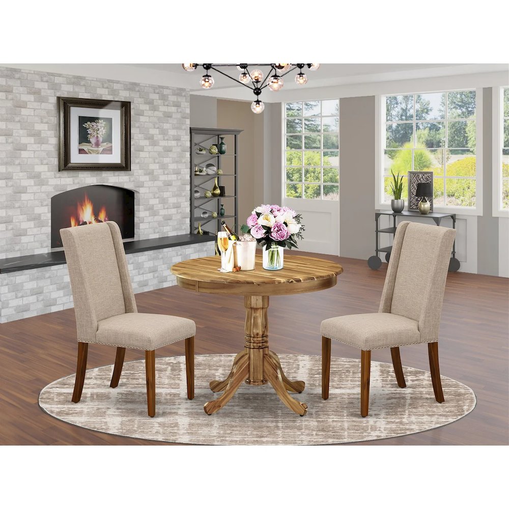 3 Piece Kitchen Table Set Contains a Round Dining Room Table with Pedestal and 2 Light Tan Linen Fabric Upholstered Chairs, 36x36 Inch, Natural
