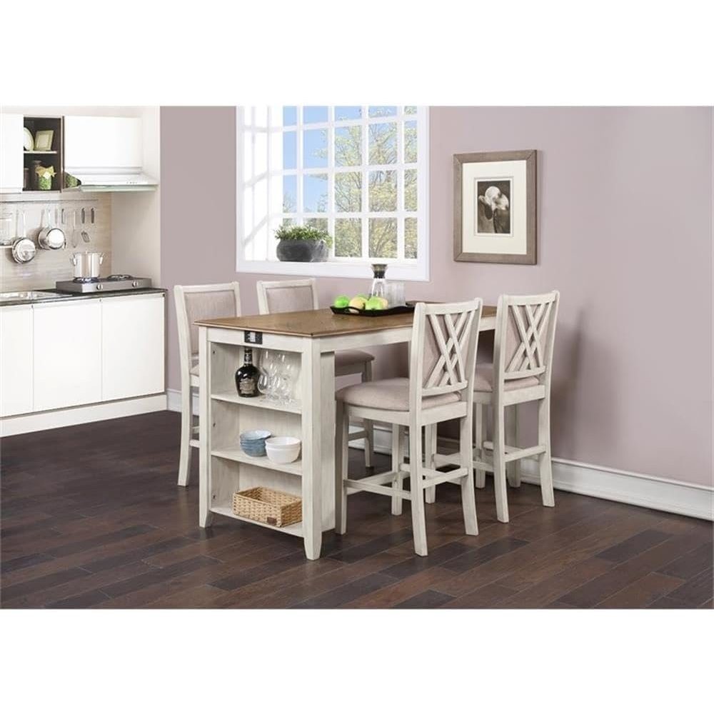 Amy 5-pc Wood Rectangle Counter Set with 4 Chairs in Beige & Brown