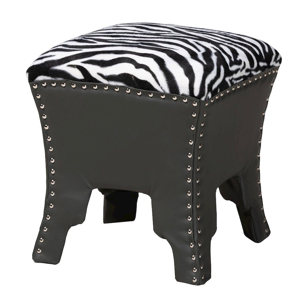 Zebra-print Patterned Fabric Brown Faux Leather Upholstered Accent Stool