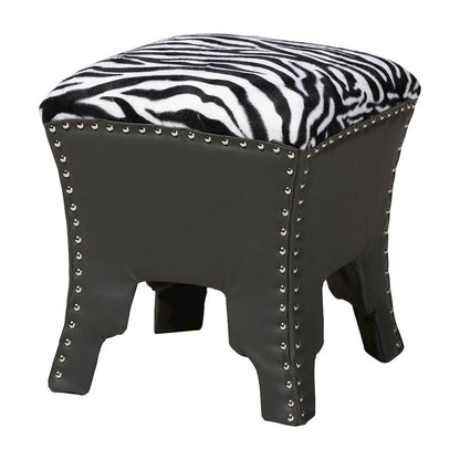 Zebra-print Patterned Fabric Brown Faux Leather Upholstered Accent Stool