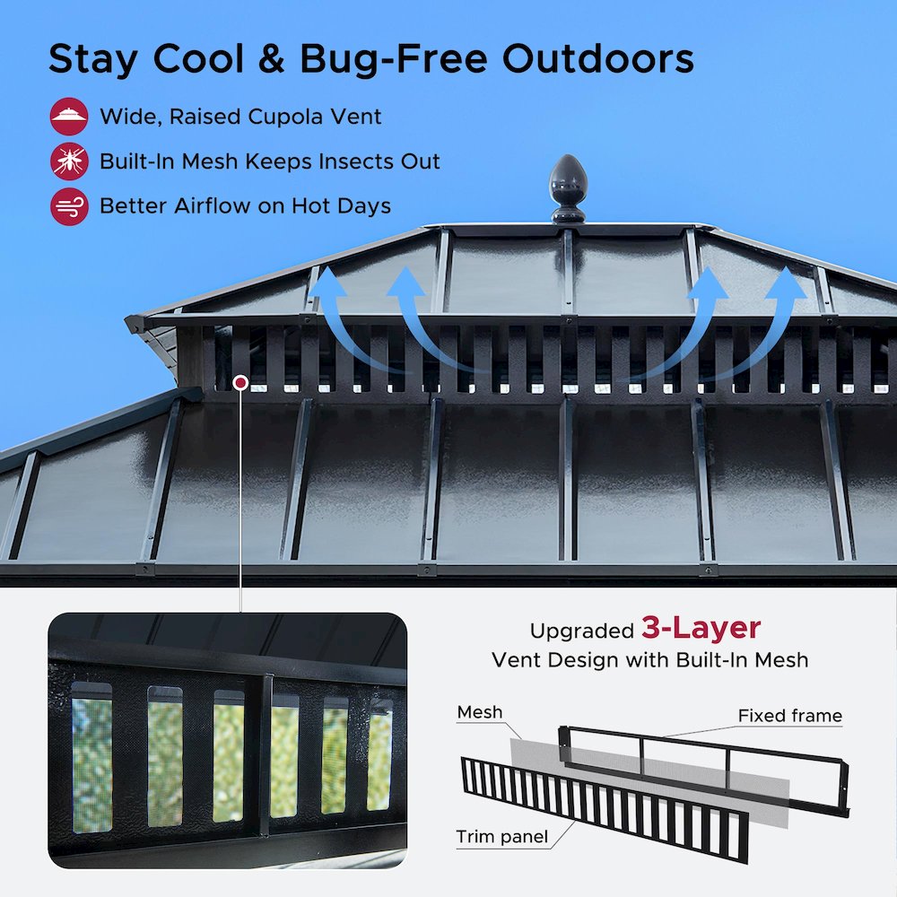 12 ft x 10 ft Hardtop Gazebo with Steel Roof, Woodgrain Aluminum Frame