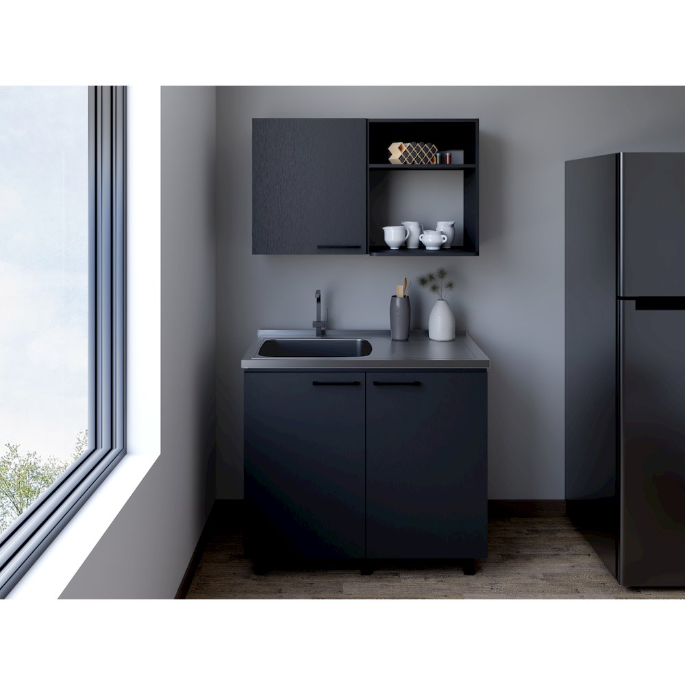 Alexandria 2 Piece Kitchen Set, Wall Cabinet + Utility Sink, Black Wengue Finish