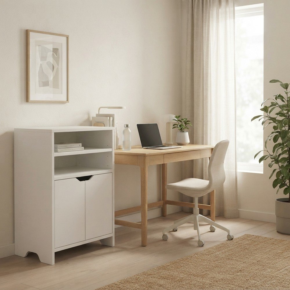 Composite Wood Shelving Unit with Open Shelves for Kitchen or Office, White