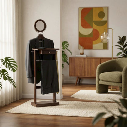 Dark Espresso Solid Wood Clothes Valet Stand with Mirror, Drawer, and Tray