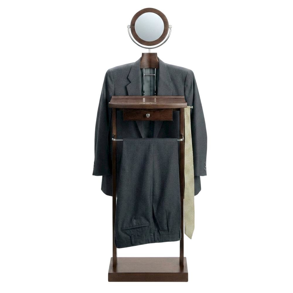 Dark Espresso Solid Wood Clothes Valet Stand with Mirror, Drawer, and Tray