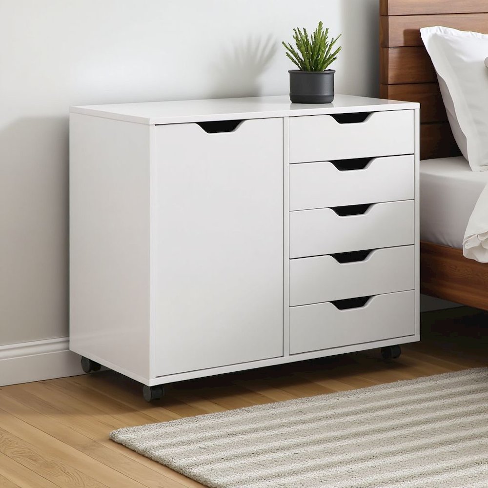Composite Wood Office Storage Cabinet with Drawers and Locking Casters, White