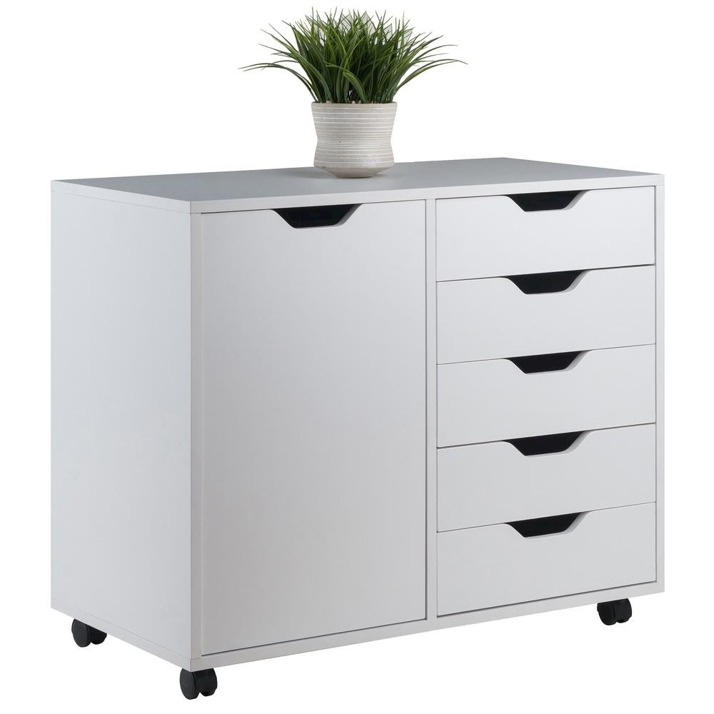 Composite Wood Office Storage Cabinet with Drawers and Locking Casters, White