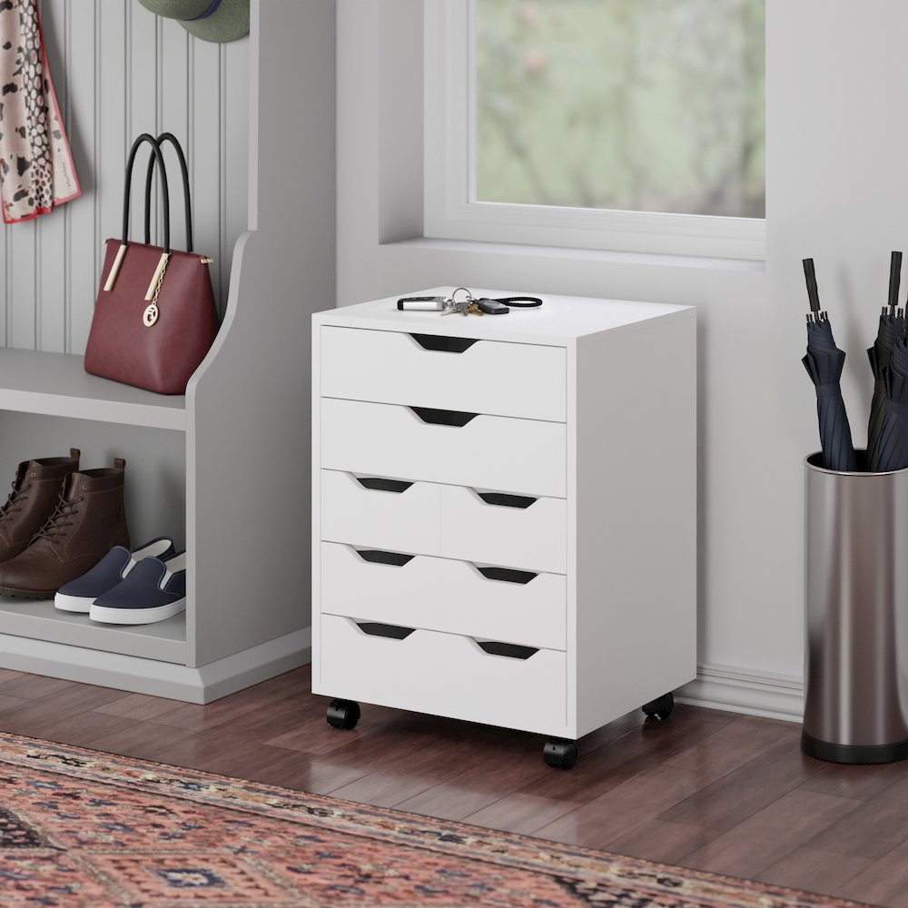 Norfolk 6 Bins, 2 Drawer Mobile Cabinet, White Finish