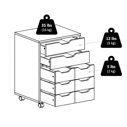 Norfolk 6 Bins, 2 Drawer Mobile Cabinet, White Finish
