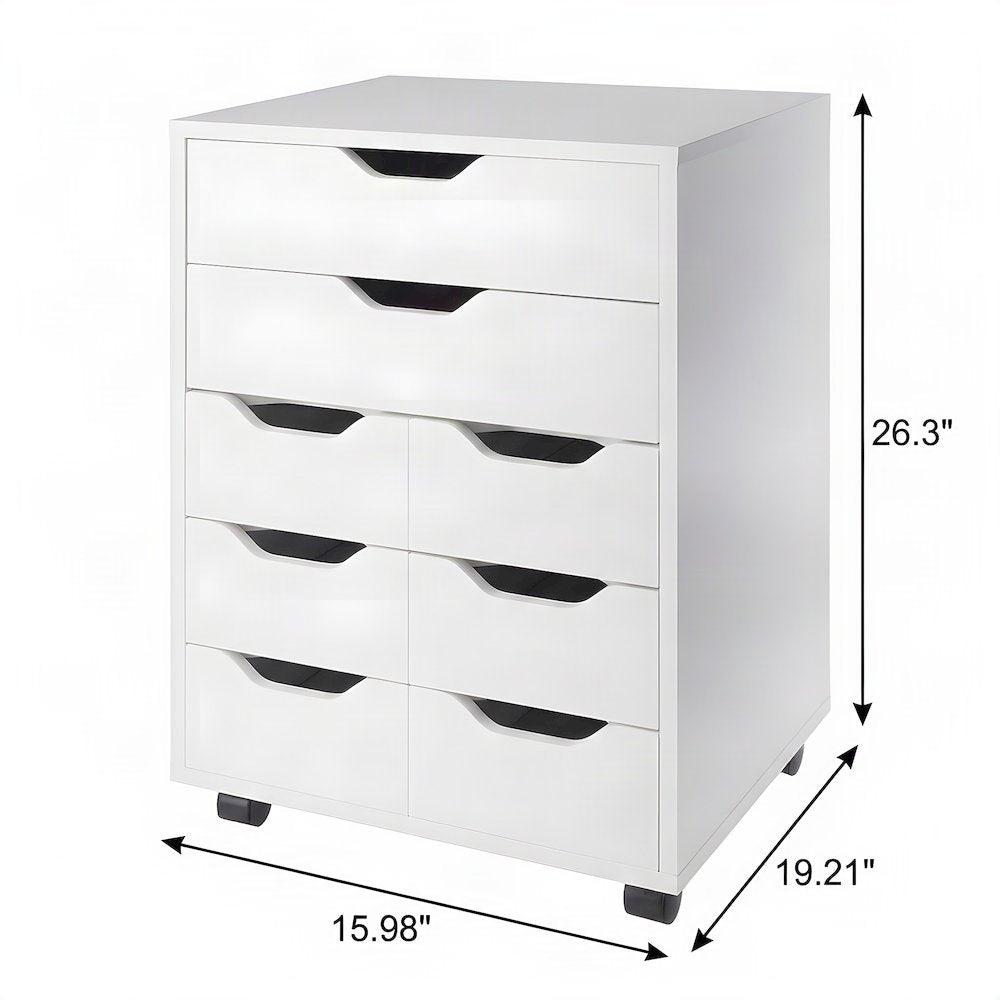 Contemporary Composite Wood Mobile Floor Cabinet with 6 Bins, 2 Drawers, White