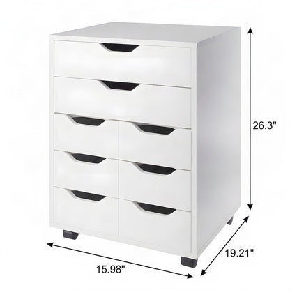 Contemporary Composite Wood Mobile Floor Cabinet with 6 Bins, 2 Drawers, White