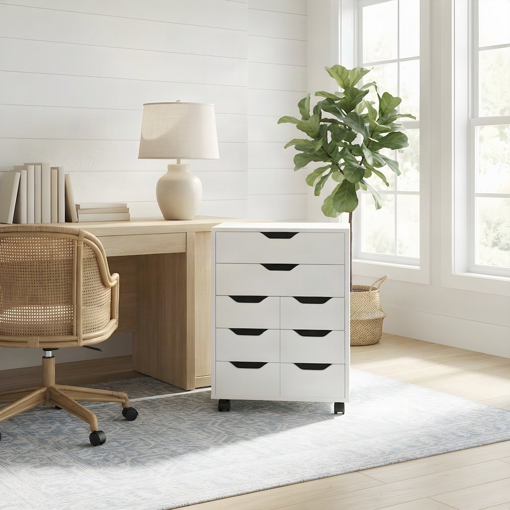 Contemporary Composite Wood Mobile Floor Cabinet with 6 Bins, 2 Drawers, White