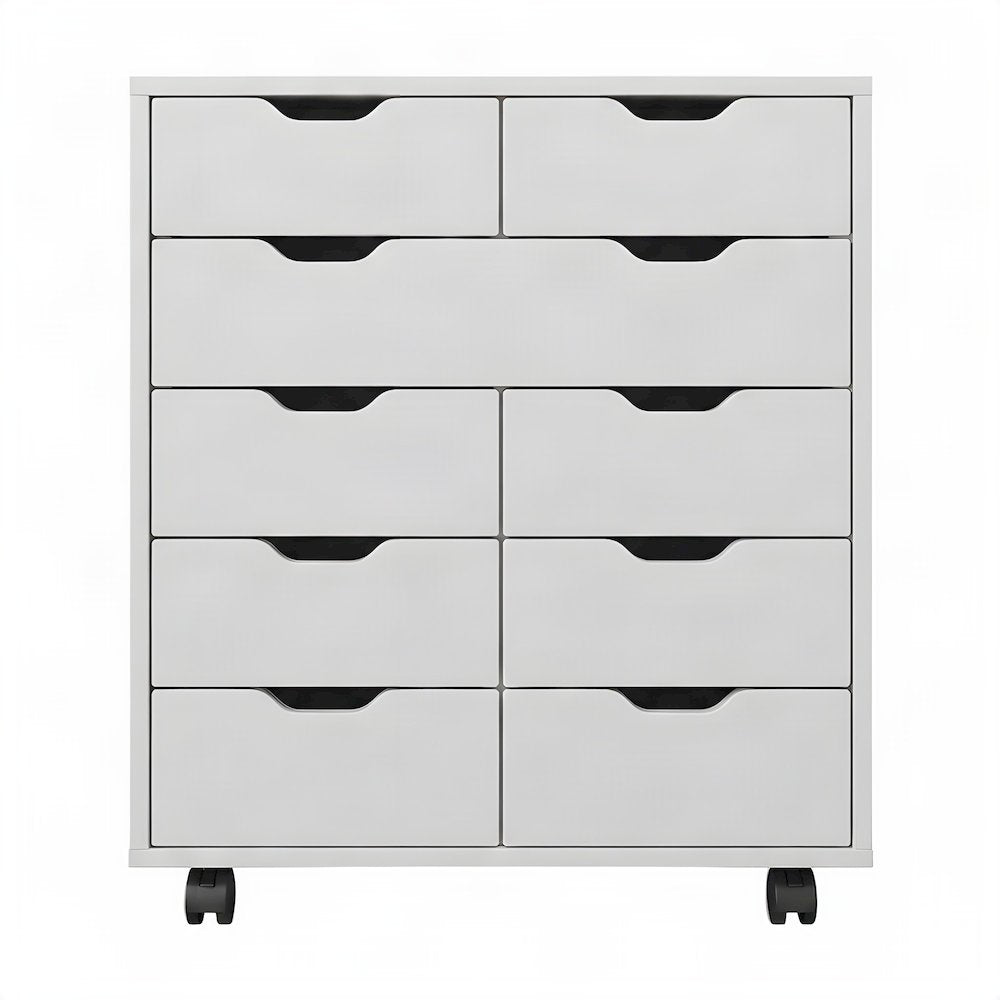 Contemporary Composite Wood Mobile Floor Cabinet with 6 Bins, 2 Drawers, White