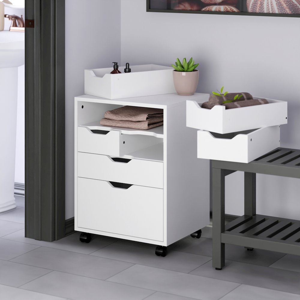 Norfolk 4 Bins, 2 Drawer Mobile Cabinet, White Finish