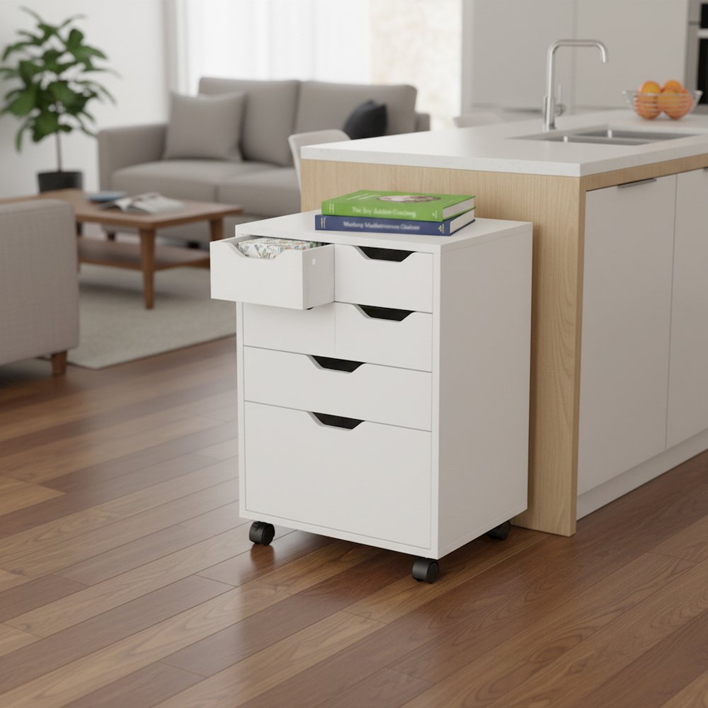 Norfolk 4 Bins, 2 Drawer Mobile Cabinet, White Finish