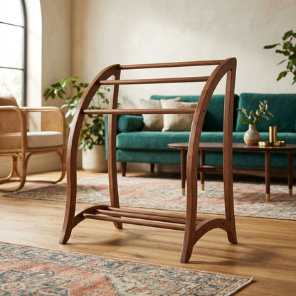 Solid Wood Blanket Rack Stand, Living Room Blanket Holder In Walnut Finish