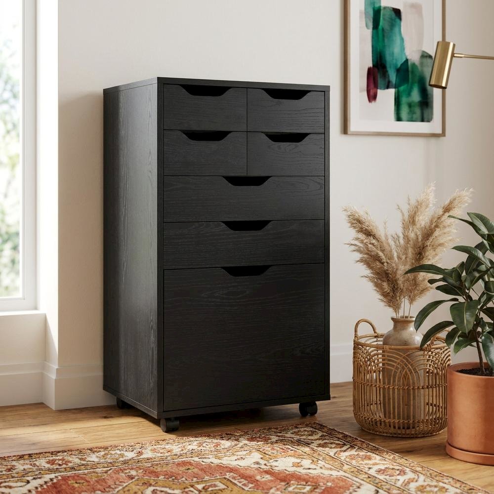 Black Tall Mobile Storage Cabinet, Bins Drawers Rolling Organizer