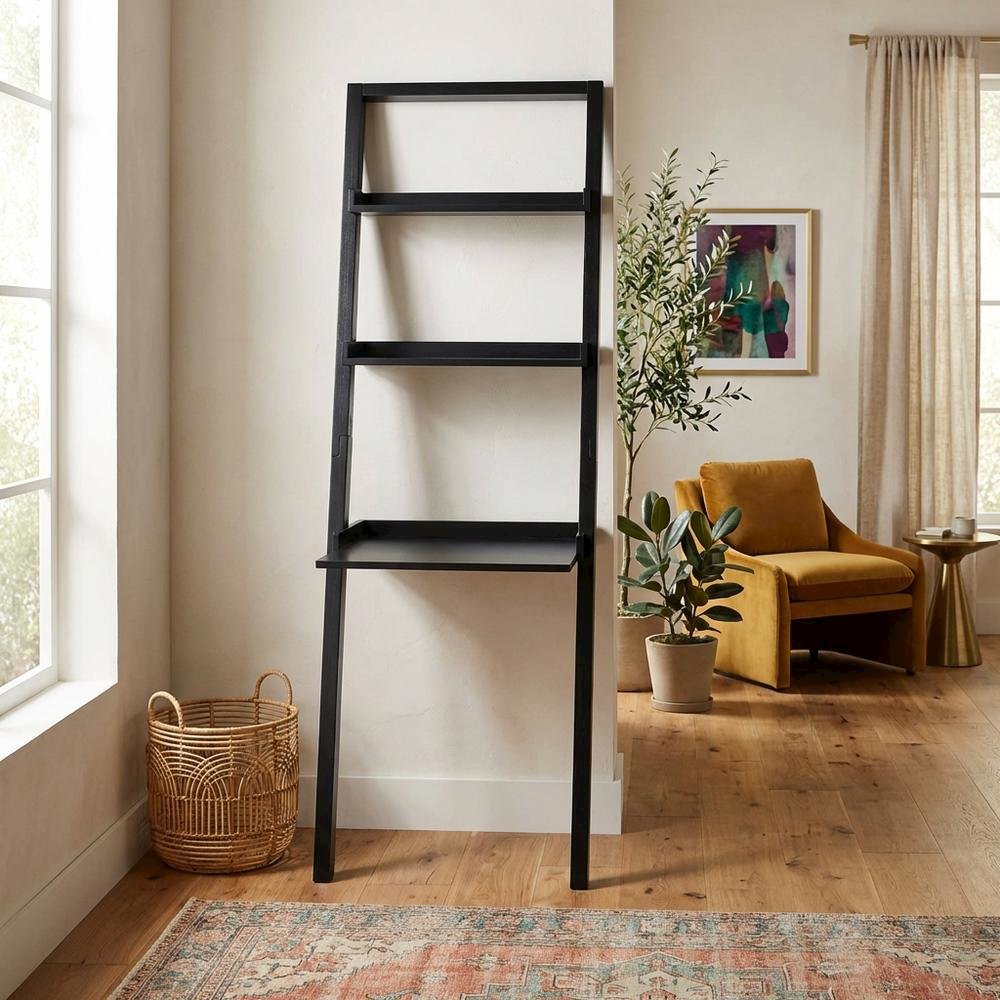 Black Leaning Desk, Ladder Design, Computer Table, Two Storage Shelves