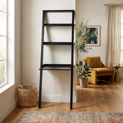 Black Leaning Desk, Ladder Design, Computer Table, Two Storage Shelves
