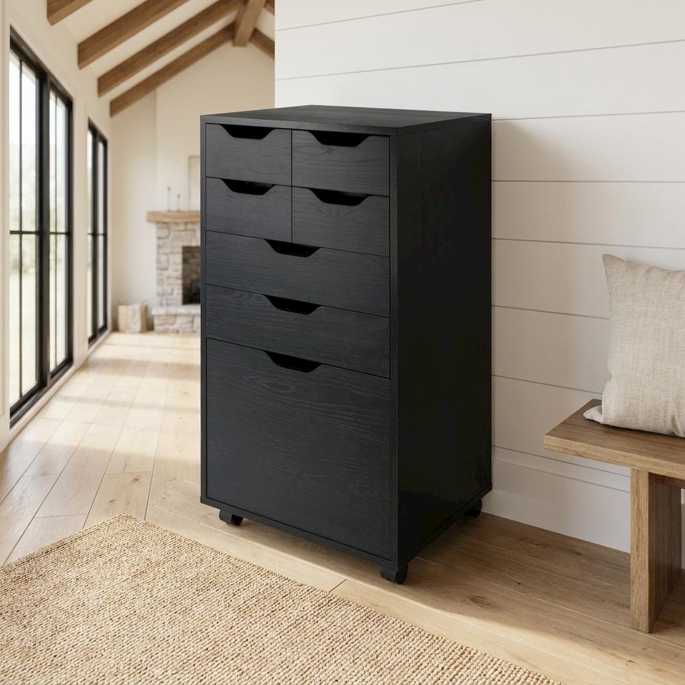 Black Tall Mobile Storage Cabinet, Bins Drawers Rolling Organizer