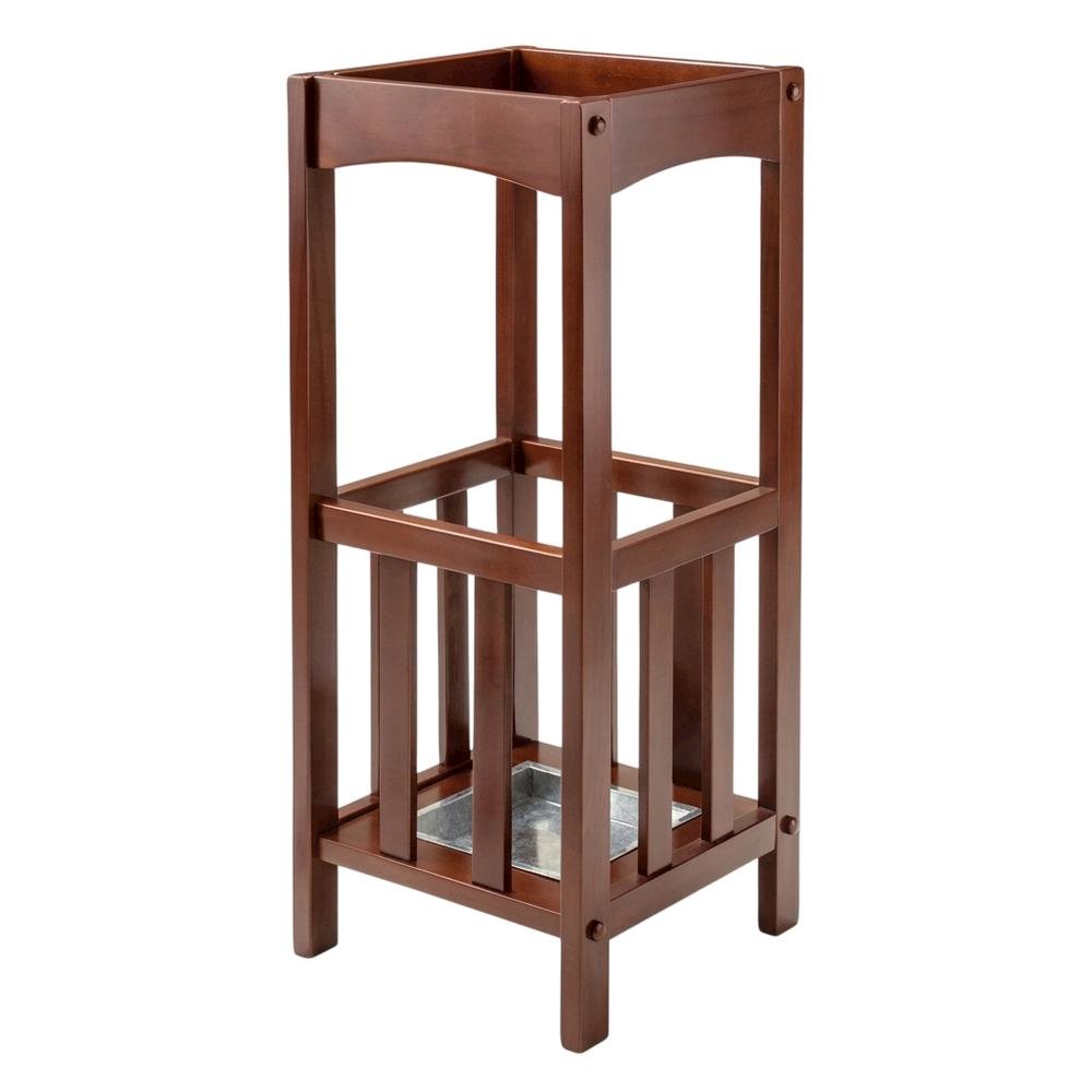 Umbrella Stand with Metal Tray, Solid Wood Accent, Walnut Finish