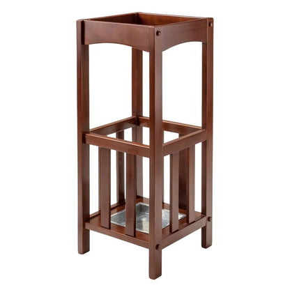 Umbrella Stand with Metal Tray, Solid Wood Accent, Walnut Finish