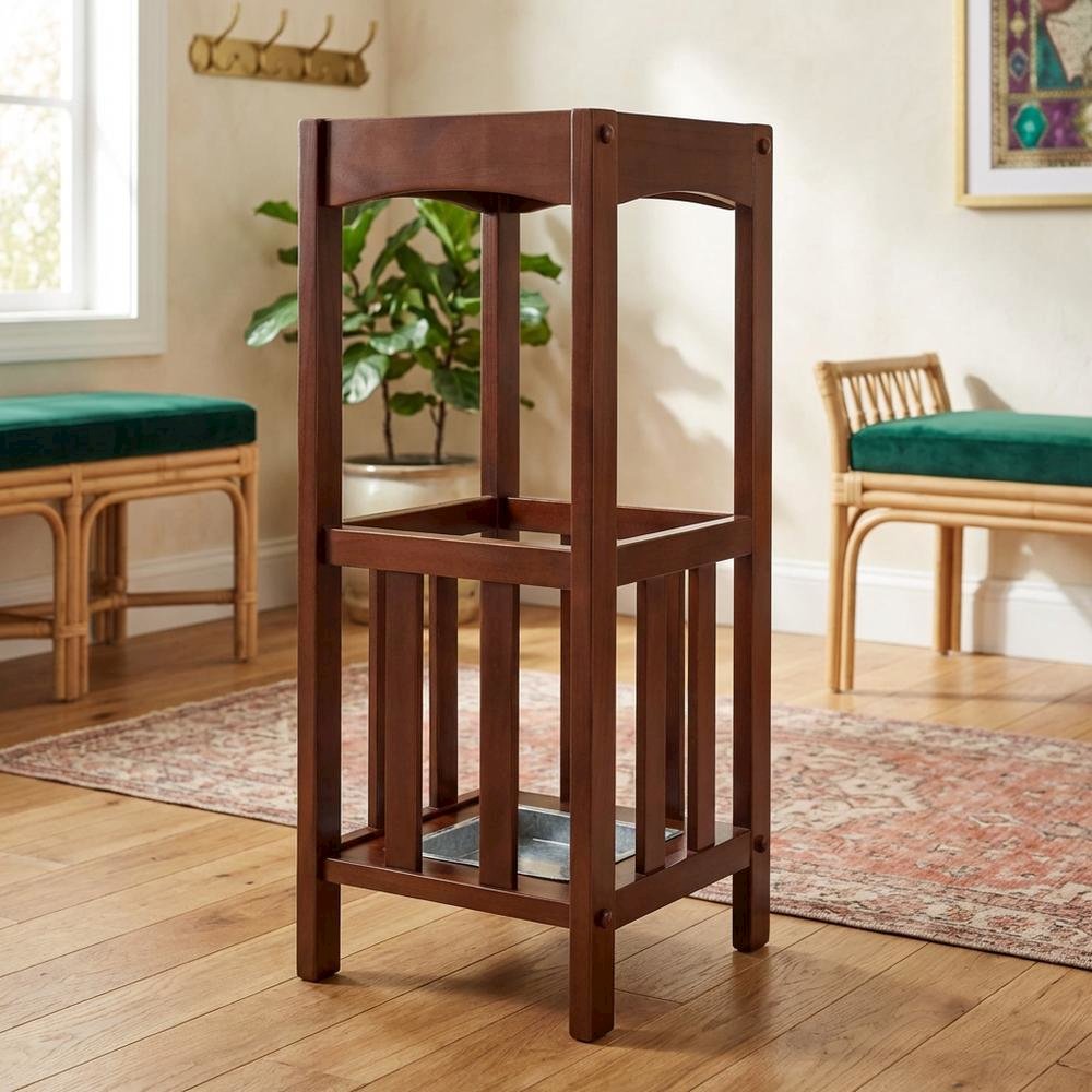 Umbrella Stand with Metal Tray, Solid Wood Accent, Walnut Finish