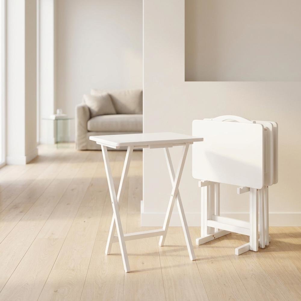 Solid Wood Folding TV Tray Table Set of 5, Portable Snack Tables, White