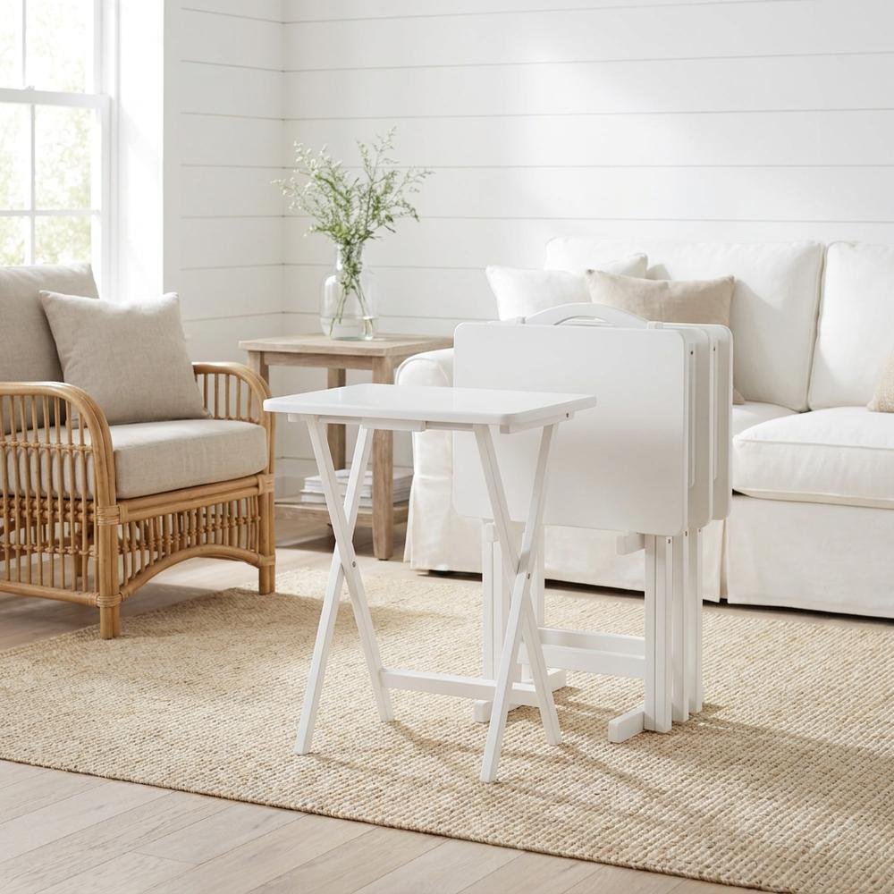 Solid Wood Folding TV Tray Table Set of 5, Portable Snack Tables, White