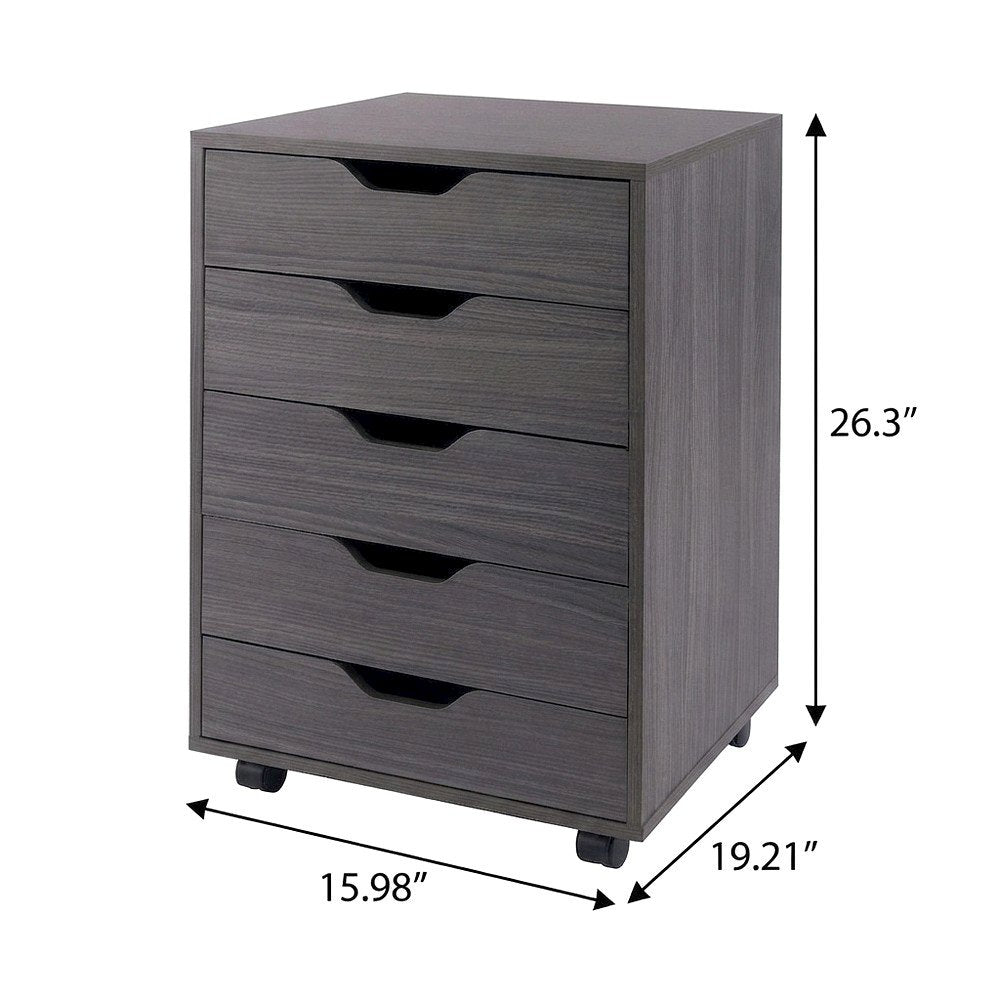 Composite Wood Rolling Drawer Cart with 5 Drawers on Casters, Charcoal