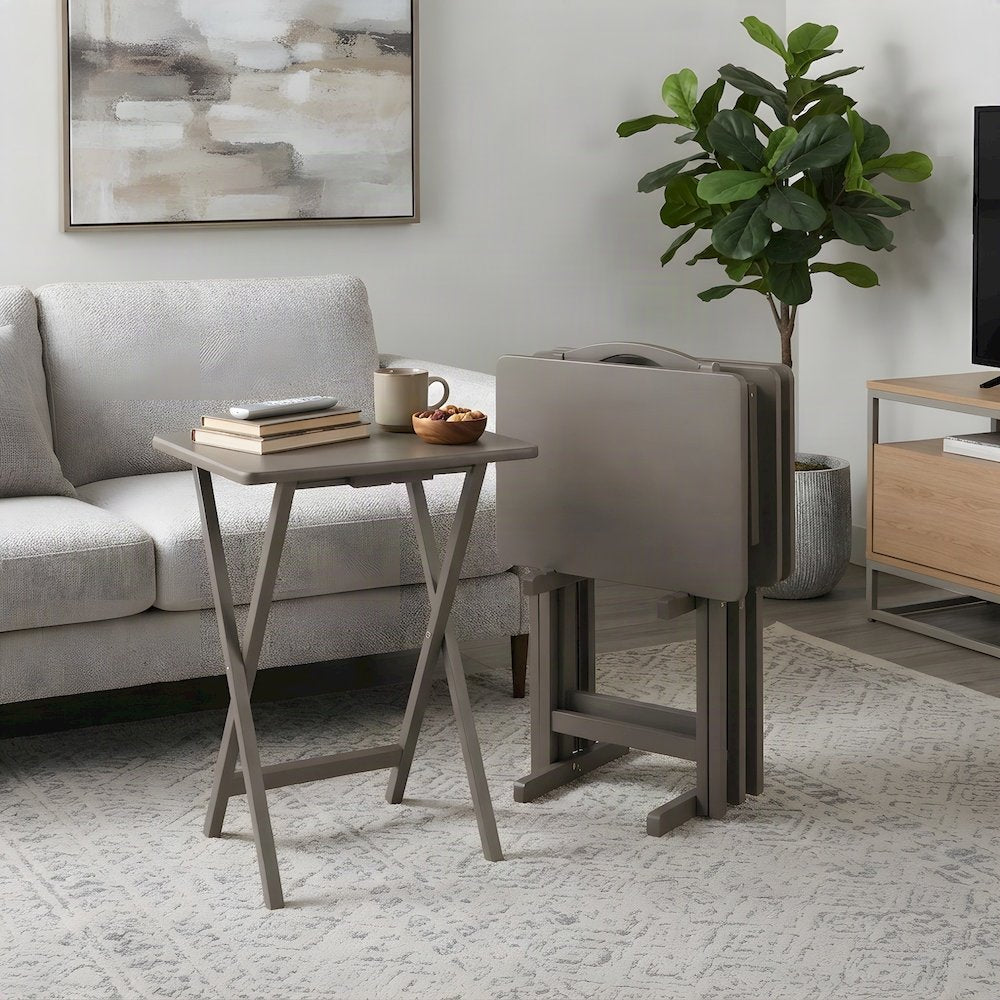 Solid Wood Folding TV Tray Table Set with Storage Rack, 5-Piece, Oyster Gray