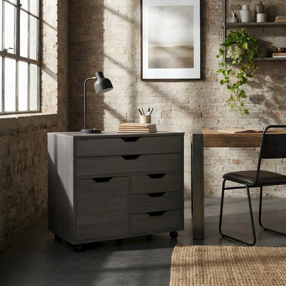 Composite Wood Floor Cabinet with 3-Section Drawers on Wheels, Charcoal