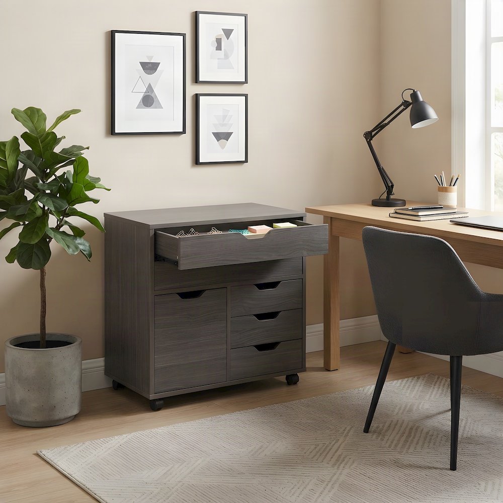 Composite Wood Floor Cabinet with 3-Section Drawers on Wheels, Charcoal