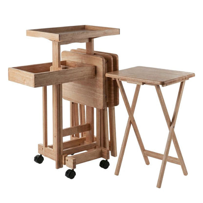 Natural Wood 6 Piece TV Trays Set With Folding Snack Tables And Mobile Stand