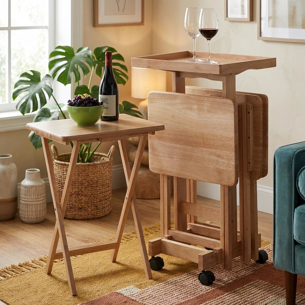 Natural Wood 6 Piece TV Trays Set With Folding Snack Tables And Mobile Stand