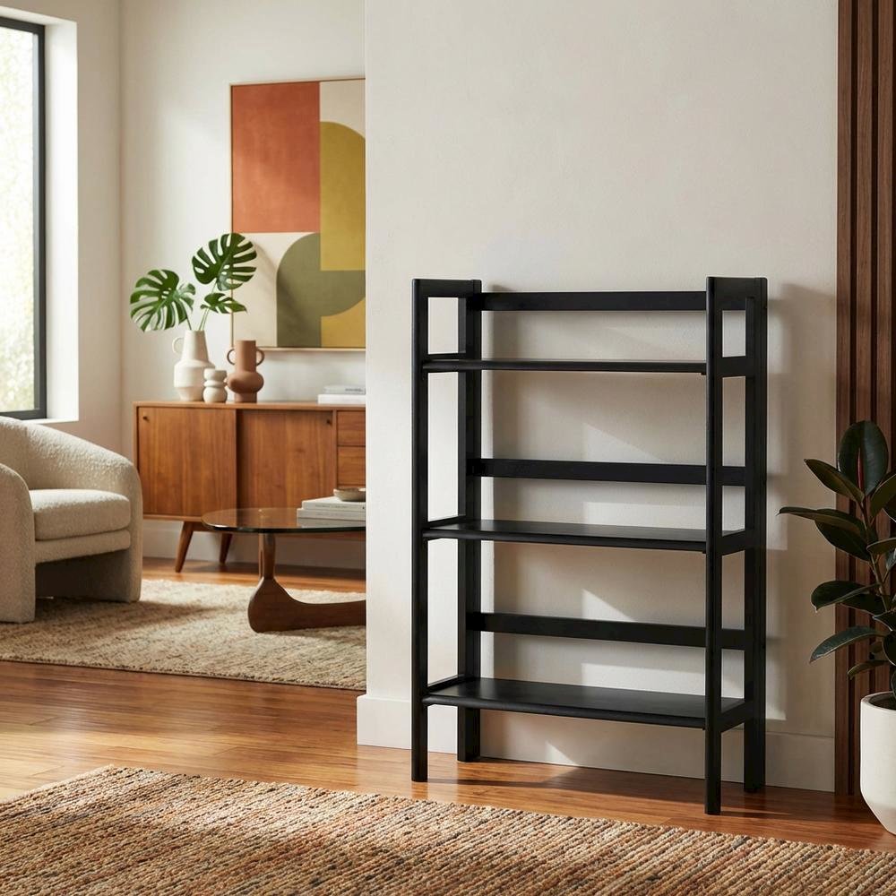 Black Solid Wood Folding Bookcase With 3 Open Folding Shelves Design