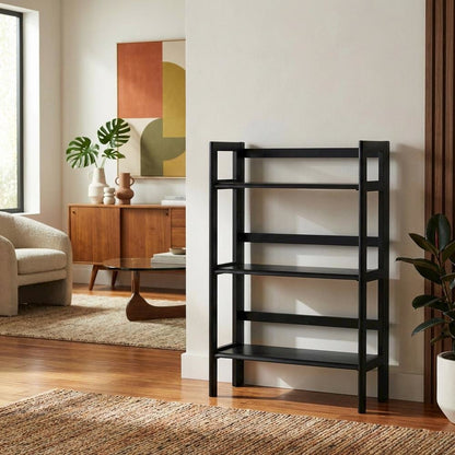 Black Solid Wood Folding Bookcase With 3 Open Folding Shelves Design