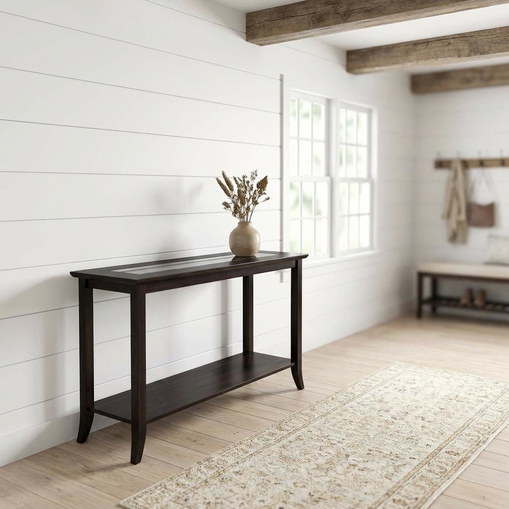 Dark Espresso Rectangular Console Table - Glass Shelf for Computer Workstations